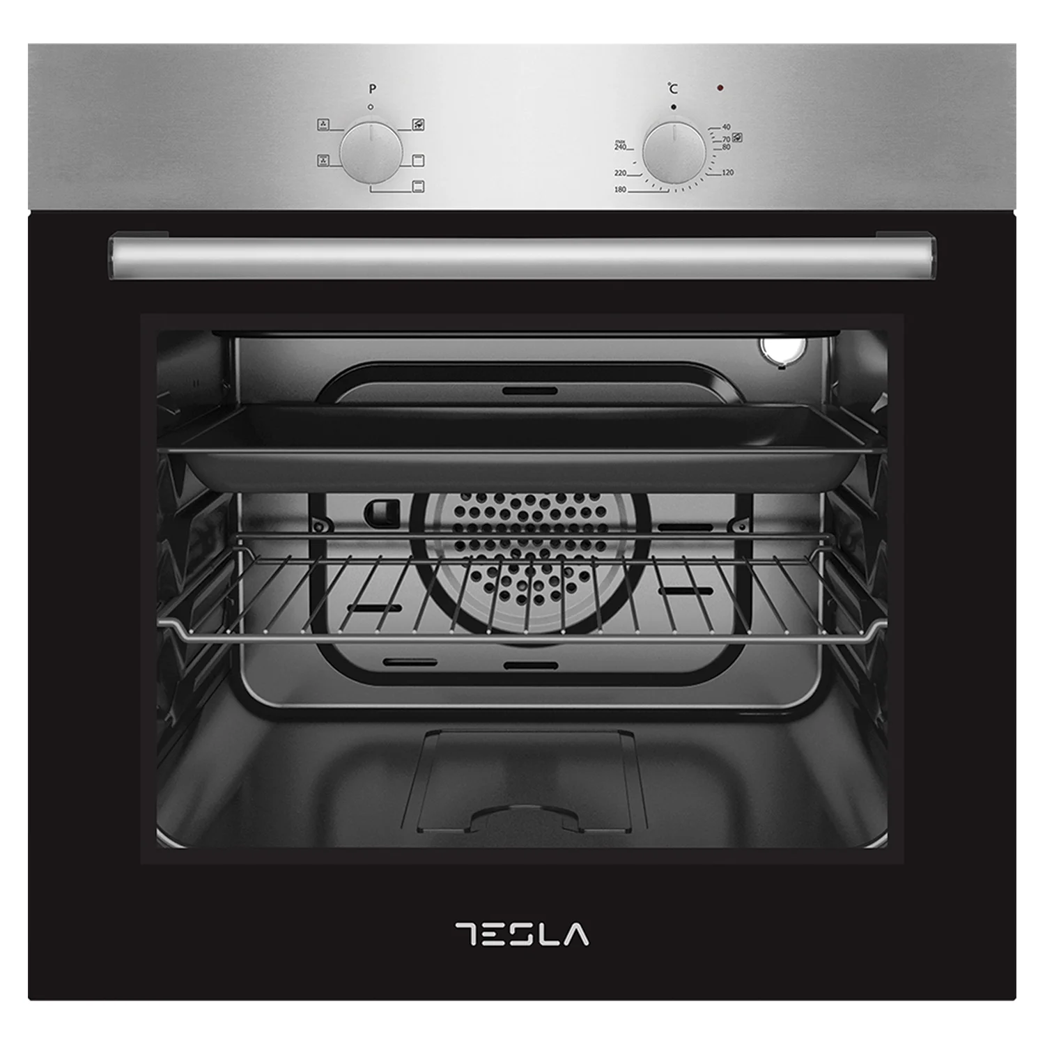 Prednja strana i unutrašnjost ugradbene rerne Tesla, siva