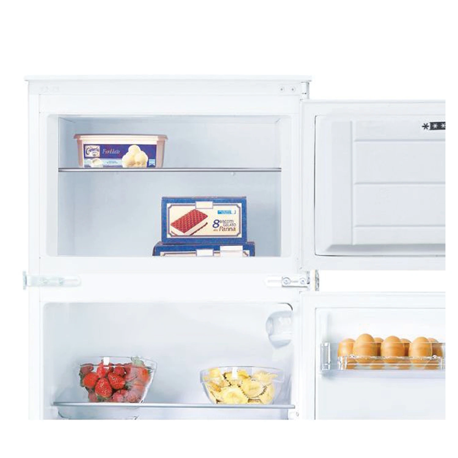 Ugradbeni frižider sa zamrzivačem sa ladicom za voće i povrće u donjem dijelu.