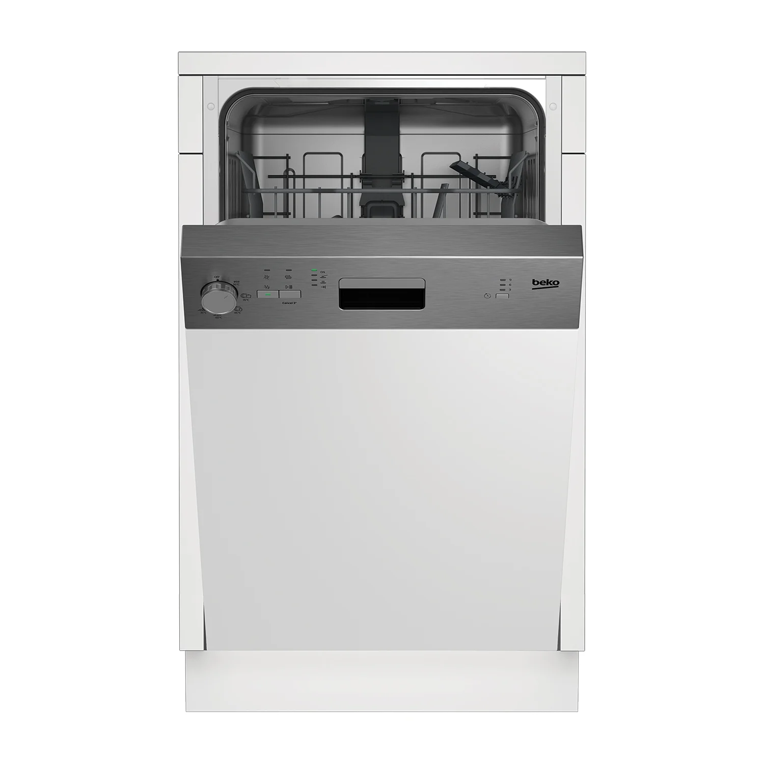 Prednja strana sa otvorenim vratima ugradbene mašine za pranje suđa Beko