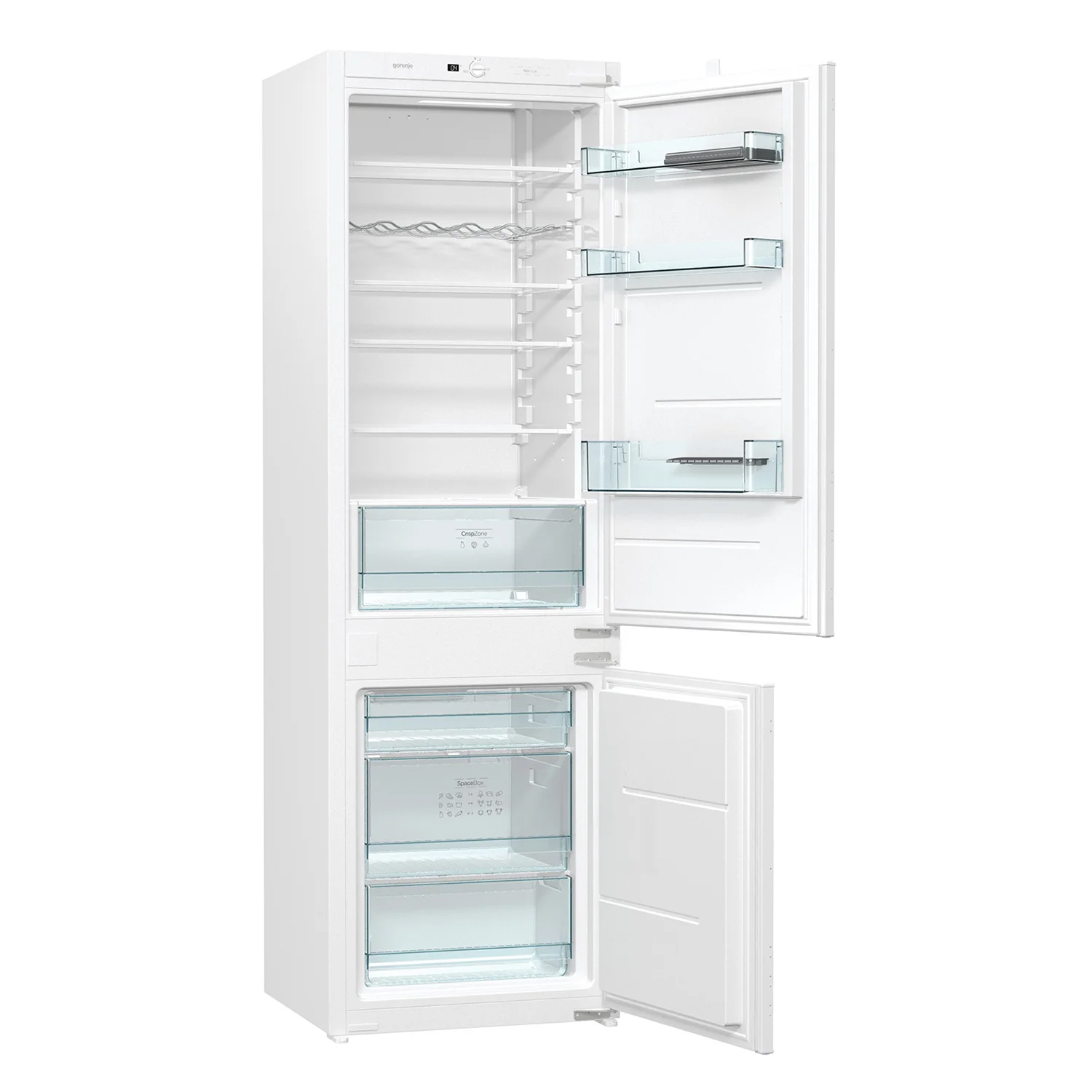 Unutrašnjost i bočna strana ugradbenog frižidera sa zamrzivačem Gorenje, bijeli