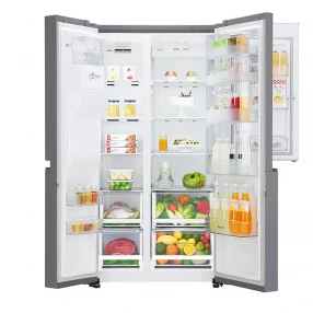 Sivi side by side frižider sa priključkom za vodu i mini bar vratima.