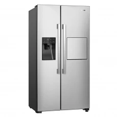 Prednja strana side by side frižidera sa ledomatom i točilicom Gorenje, sivi