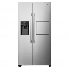 Sivi side by side frižider sa točilicom za vodu i ledomatom.
